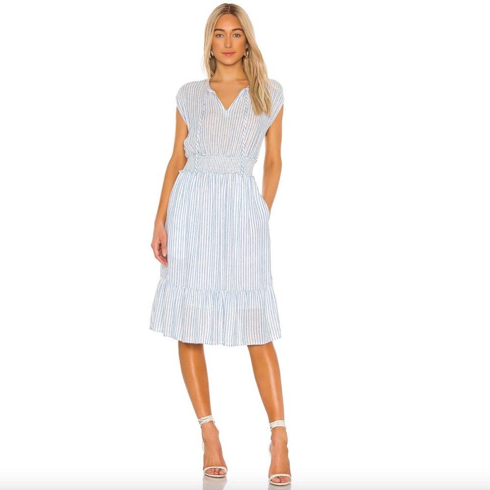Rails Ashlyn Fremont Blue Stripe Linen Blend Smocked Midi Dress, Size XS Coastal